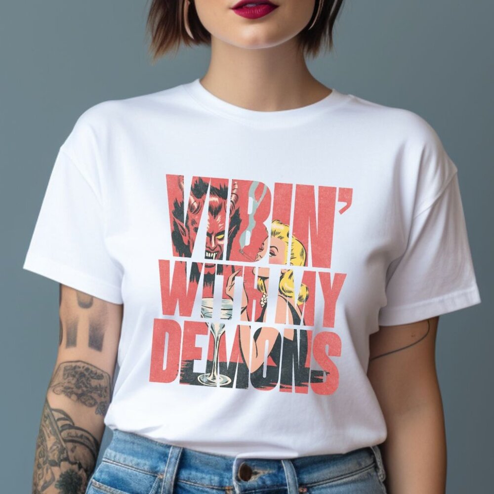 Halloween Horror Demons Graphic Tee Spooky Vintage Style Retro Comic Style Tee